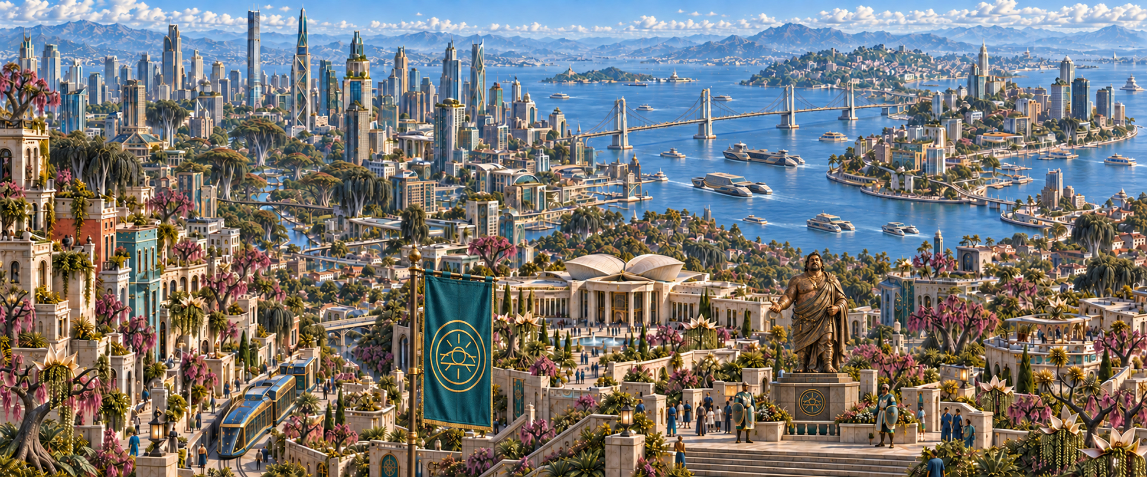 Zuva’s metropolis and waterfront with a practical-scale Lumari monument, otherworldly transport and a clearly defined civic flag.