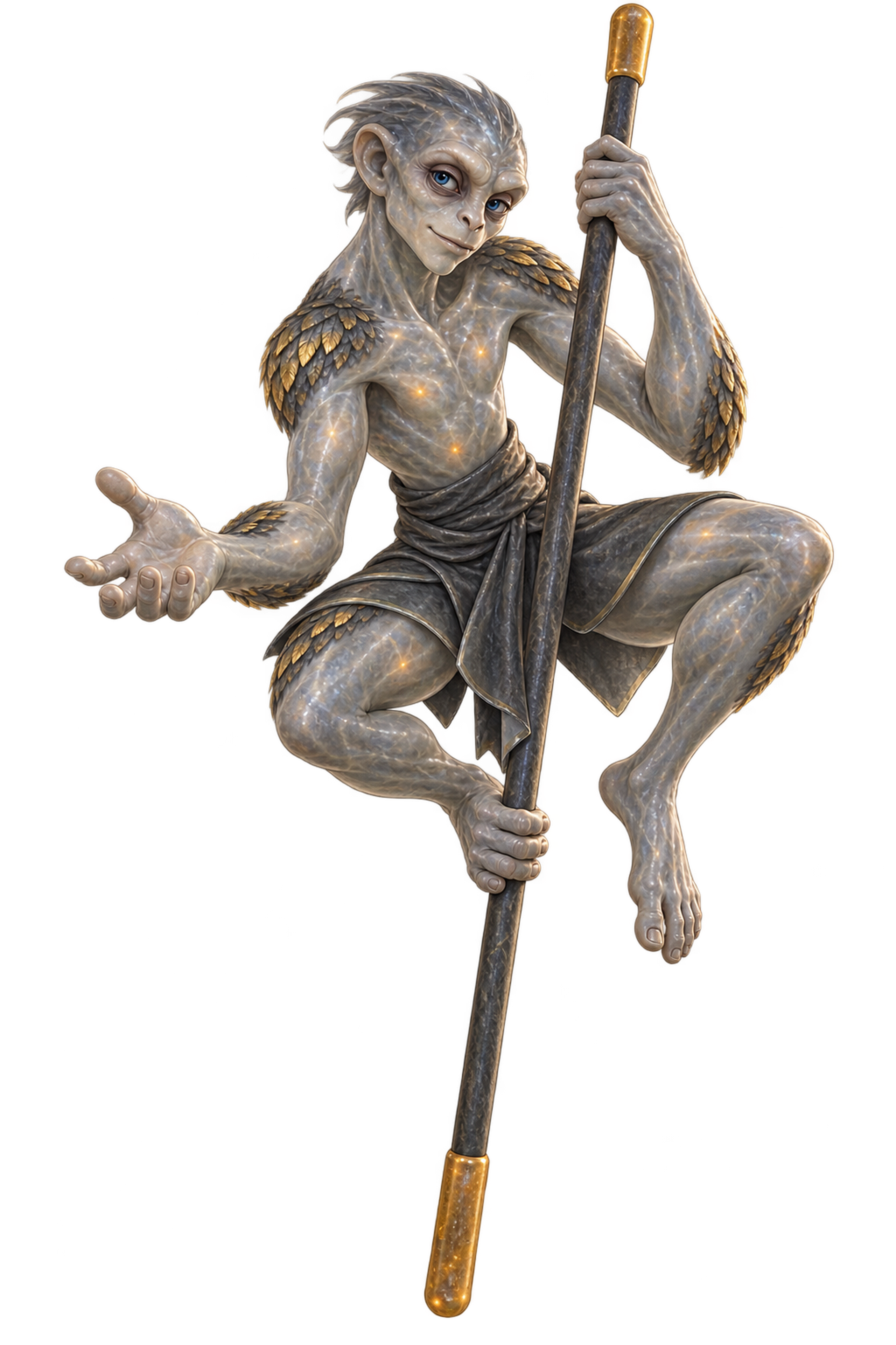 Ty in his pearl-gray first form, balancing a staff with a hand and gripping foot.