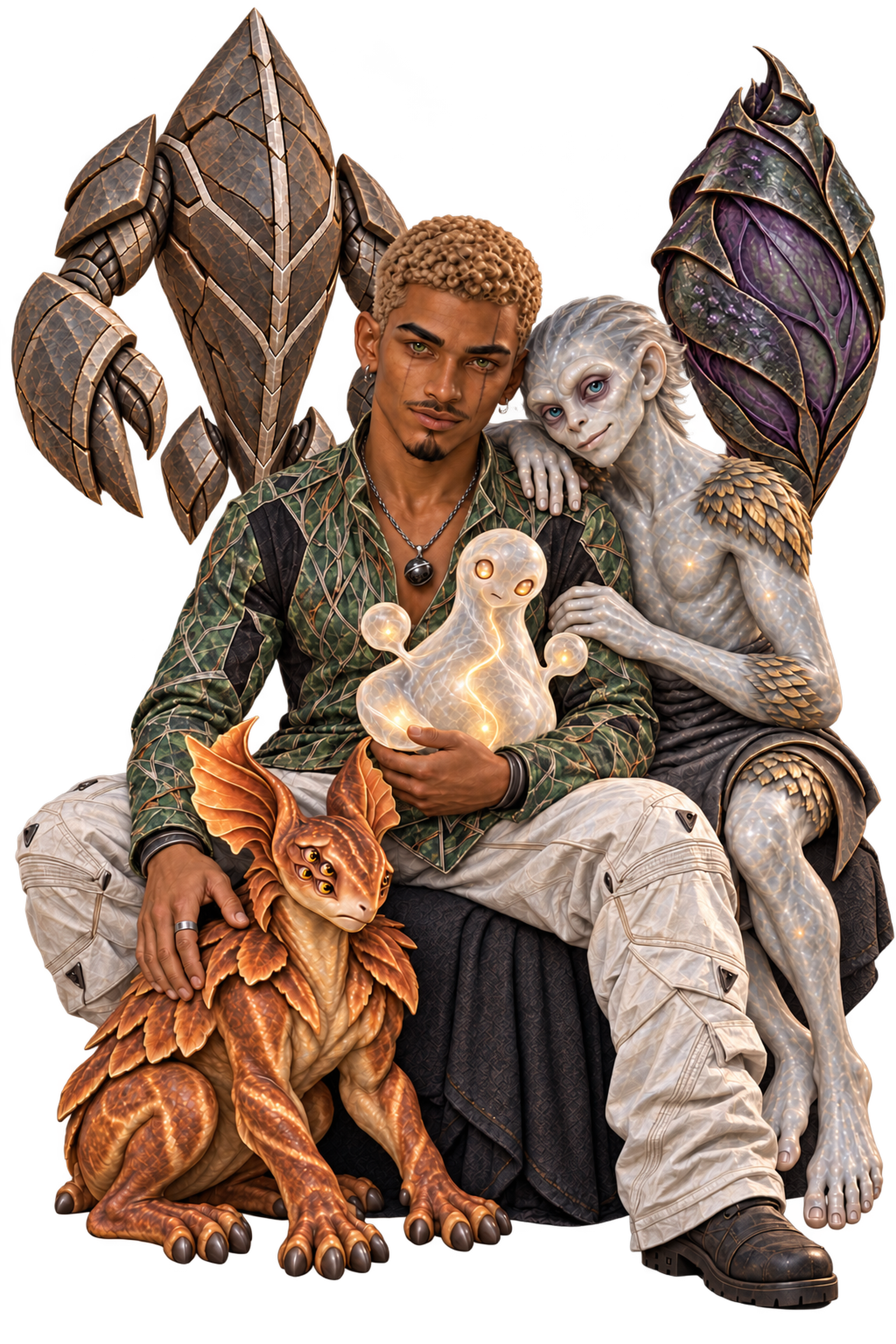 A relaxed family portrait of Doné seated with Ty beside him, Theraluma in his lap, Narwue at his knee, and the Shield and Nǀkharu’s cocoon close behind.
