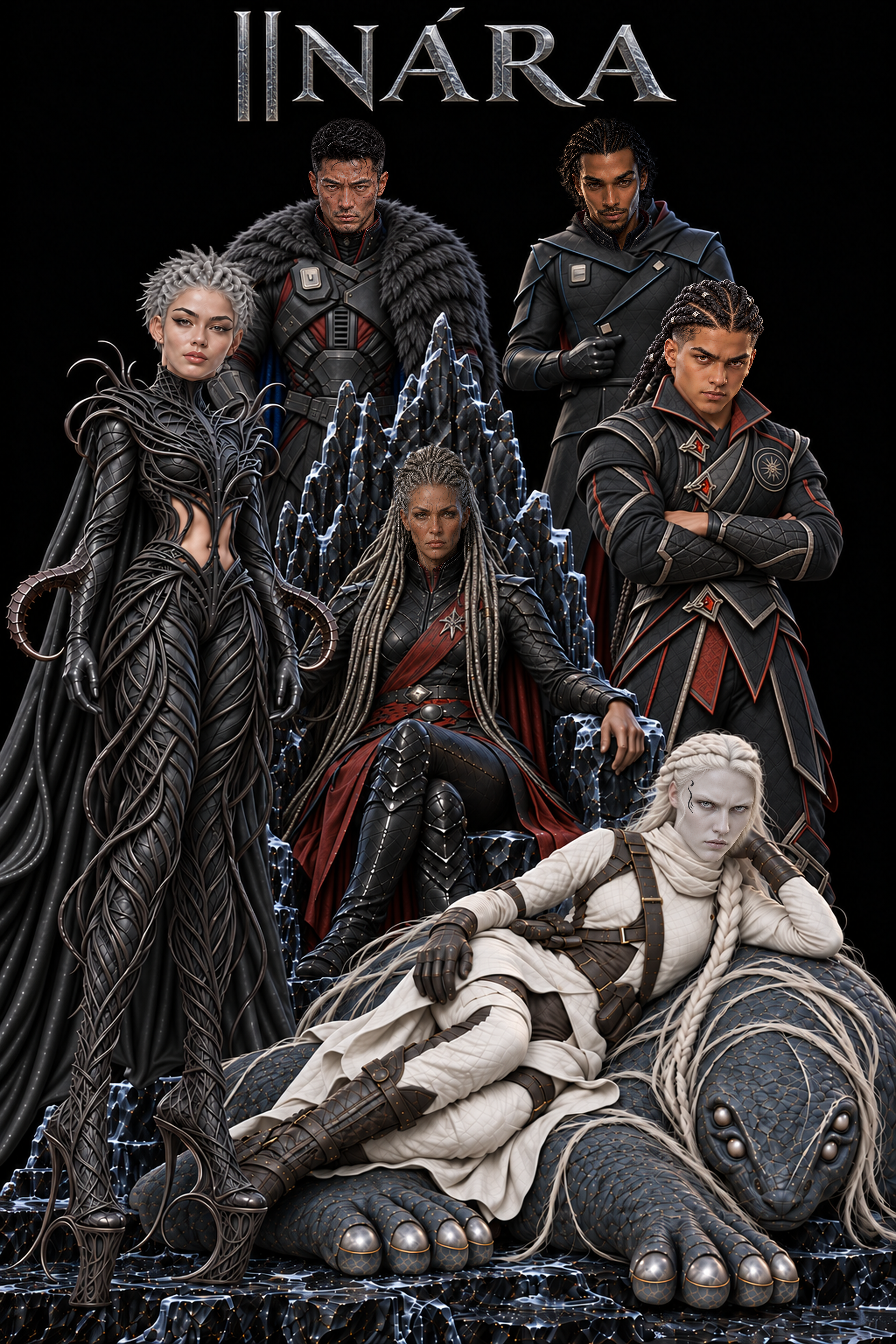 Beya seated on icy obsidian with Koru, Ravai, Nerai, Veyr and Zekai. Nerai reclines in the foreground on one four-eyed ǁNeshurá. The complete ǁNára group portrait against its original black background.